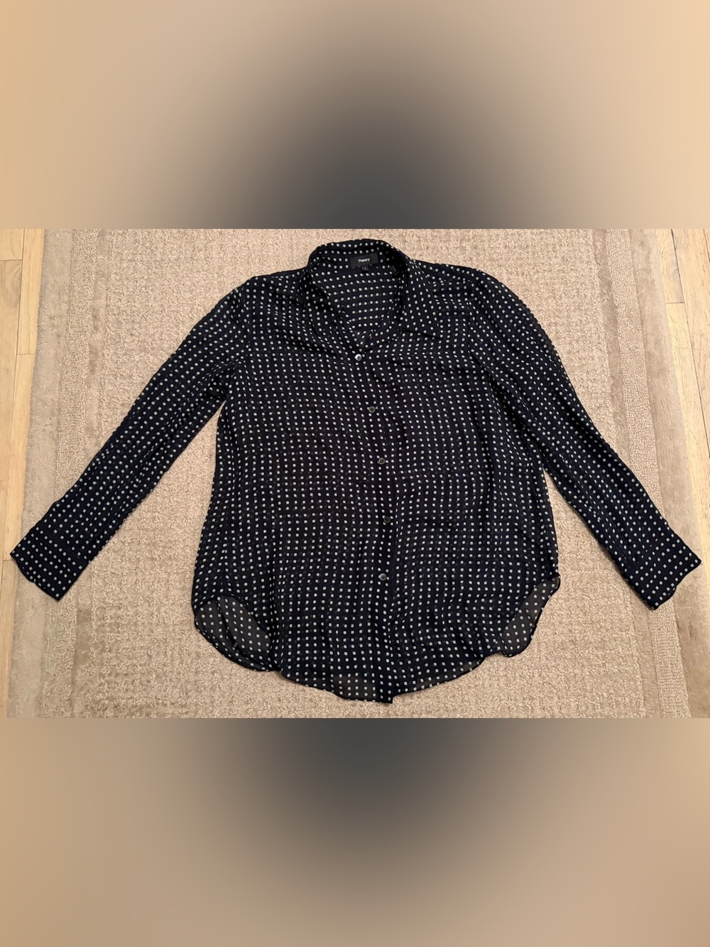 Theory Sunaya NC Silk Button Front Blouse Black Square Print Shirt Large L